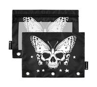 Fustylead Beautiful Butterfly Human Skull Skeleton and Stars Pencil Bags for 3 Ring Binders, Zipper Pocket Pouch with Clear Window Pencil Case Bags for Home Office School Children Suppliers 2 Pack