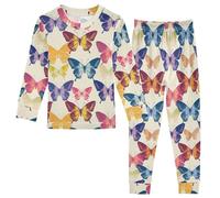 Fustylead Beautiful Colorful Flying Butterflies Cotton Pajamas 2-Piece Long Sleeve Sleepwear Matching Set Multi