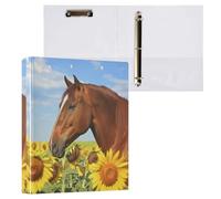 Fustylead Beautiful Horse in Sunflower Field and Blue Sky 3 Ring Binder, D-Rings 1.5" Hardcover Folder, Fits 200 Sheets of A4 Paper, Durable Clipboard & Clean View with Inside Pockets for School Home
