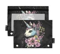 Fustylead Beautiful Unicorn Cat and Flower Big Capacity Pencil Bag Fits 3 Ring Binders, Waterproof Pencil Case with Clear Window for School Cosmetic Office Students Supplies 2 Pack
