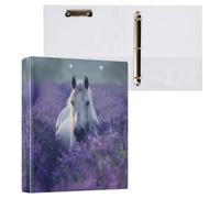 Fustylead Beautiful White Horse in Lavender Flower Field 3 Ring Binder, 1.5" D-Ring Hardcover Folder with Clipboard & 3 Clear Pockets, Holds 200 Sheets A4 Size Paper for School Home Office