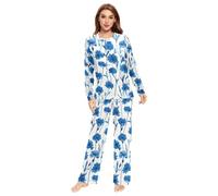 Fustylead Blue Cornflower Doodle Matching Couple Pajama Set 2 PCS Long Sleeve Lounge Jammies for Families Men Women