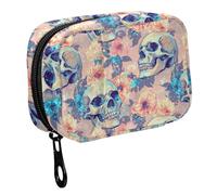 Fustylead Bright Beautiful Human Skulls and Flower Pill Organizer for Purse, Weekly Portable Pill Box with Zipper to Storage Vitamins Fish Oils Medications Supplements