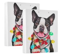 Fustylead Christmas Cute Smiling Boston Terrier Dog 1.5 Inch 3 Ring Binder, D-Ring Binder with Clipboard&3 Inside Pockets Binders for School Office Supplies Binders, Holds 200 Sheets of A4 Paper