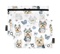 Fustylead Cute Biewer Yorkshire Terrier with Bow Decor 2 Pack Pencil Pouches for 3 Ring Binder, Big Capacity Binder Pencil Bag with Clear Window for School Office Cosmetic Children Supplies