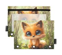 Fustylead Cute Big Eyes Fox in The Forest Pencil Pouch Fits Standard 3-Ring Binders, Zipper Binder Pencil Bag with Clear Window for Office School Cosmetic 2 Pack