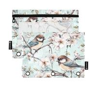 Fustylead Cute Birds on Cherry Blooming Tree Watercolor 2 Pack Pencil Pouches for 3 Ring Binder, Big Capacity Binder Pencil Bag with Clear Window for School Office Cosmetic Children Supplies