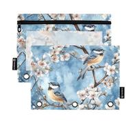Fustylead Cute Blue Birds on Cherry Blooming Tree 2 Pack Pencil Pouches for 3 Ring Binder, Big Capacity Binder Pencil Bag with Clear Window for School Office Cosmetic Children Supplies