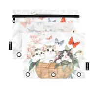 Fustylead Cute Cats in Basket Surrounded by Flower Binder Pencil Pouch for 3 Ring, Pencil Pouches Bags with Zipper Clear Window for School Office Cosmetic Students Supplies, 2 Pack