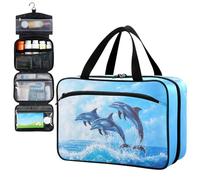 Fustylead Cute Dolphins Jumping in The Water Pill Organizer Bag Large Medicine Travel Carrying Case with Zipper for Vitamin Supplements Fish Oil, Empty First Aid Kit for Hiking Camping