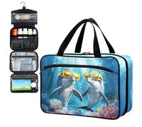 Fustylead Cute Dolphins Wearing Yellow Sunglasses Pill Organizer Bag Large Medicine Travel Carrying Case with Zipper for Vitamin Supplements Fish Oil, Empty First Aid Kit for Hiking Camping