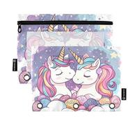 Fustylead Cute Dreaming Unicorns Pencil Pouch Fits Standard 3-Ring Binders, Zipper Binder Pencil Bag with Clear Window for Office School Cosmetic 2 Pack