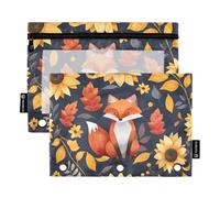 Fustylead Cute Fox and Sunflower Leaves 2 Pack Pencil Pouches for 3 Ring Binder, Big Capacity Binder Pencil Bag with Clear Window for Office Cosmetic Supplies