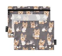Fustylead Cute Happy Biewer Yorkshire Terrier 2 Pack Pencil Pouches for 3 Ring Binder, Big Capacity Binder Pencil Bag with Clear Window for School Office Cosmetic Children Supplies