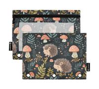 Fustylead Cute Hedgehog and Forest Mushrooms Fern Pencil Pouch Fits Standard 3-Ring Binders, Zipper Binder Pencil Bag with Clear Window for Office School Cosmetic 2 Pack