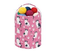 Fustylead Cute Japanese Shorttail Cat and Paw Print on Pink Background Large Yarn Storage Tote Basket, Knitting Crochet Drawstring Organizer Bag for Crocheting Project, Yarn Balls, Needles Accessories