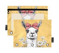 Fustylead Cute Llama Wearing Red Polka Dot Bow Headband and Daisy Binder Pencil Pouch for 3 Ring, Pencil Pouches Bags with Zipper Clear Window for School Office Cosmetic Students Supplies, 2 Pack