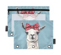 Fustylead Cute Llama Wearing Red Polka Dot Bow Headband Binder Pencil Pouch for 3 Ring, Pencil Pouches Bags with Zipper Clear Window for School Office Cosmetic Students Supplies, 2 Pack