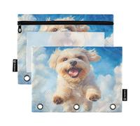 Fustylead Cute Maltese Dog Running Happily Above The Clouds Binder Pencil Pouch for 3 Ring, Pencil Pouches Bags with Zipper Clear Window for School Office Cosmetic Students Supplies, 2 Pack