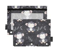 Fustylead Cute Monkey in Scandinavian Style Pencil Pouch with Clear Window for 3 Ring Binders, Zipper Pencil Case Cosmetic Bags for School Office Cosmetic Students Supplies, 2PCS