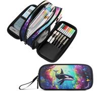 Fustylead Cute Orca in Colorful Coral Environment Large Pencil Case Portable Stationery Bag Cosmetics Bag with Handle for School Office Travel