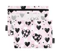 Fustylead Cute Pink and Black Heart with Checkered Design Pencil Pouch Fits Standard 3-Ring Binders, Zipper Binder Pencil Bag with Clear Window for Office School Cosmetic 2 Pack