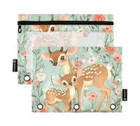 Fustylead Cute Retro Fawn on Floral Background Binder Pencil Pouch for 3 Ring, Pencil Pouches Bags with Zipper Clear Window for School Office Cosmetic Students Supplies, 2 Pack