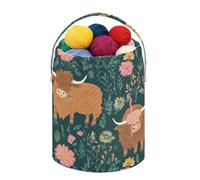 Fustylead Cute Shaggy Highland Cows on Meadow Crochet Drawstring Organizer, Large Yarn Bag Storage Tote Basket for Crocheting On The Go, Kit Holder, Gift for Knitter, Crochet Beginner