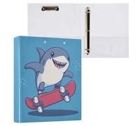 Fustylead Cute Shark Skateboarder 3 Ring Binder, D-Rings 1.5 Inch Binder, Fits 200 Sheets of A4 Paper, Durable Binder Clipboard & Clean View with Inside Pockets for School Home Office