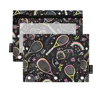 Fustylead Cute Tennis Rackets Rainbows Flowers Doodles Big Capacity Pencil Bag Fits 3 Ring Binders, Waterproof Pencil Case with Clear Window for School Cosmetic Office Students Supplies 2 Pack