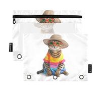 Fustylead Cute Tiger Cat Dressed in Beach Clothes Binder Pencil Pouch for 3 Ring, Pencil Pouches Bags with Zipper Clear Window for School Office Cosmetic Students Supplies, 2 Pack
