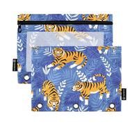 Fustylead Cute Tigers in The Jungle Pencil Pouch with Clear Window for 3 Ring Binders, Zipper Pencil Case Cosmetic Bags for School Office Cosmetic Students Supplies, 2PCS