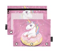 Fustylead Cute Unicorn on Donut Pencil Pouch Fits Standard 3-Ring Binders, Zipper Binder Pencil Bag with Clear Window for Office School Cosmetic 2 Pack