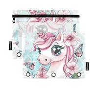 Fustylead Cute Unicorn with Big Eyes and Flower Butterfly Pencil Pouch Fits Standard 3-Ring Binders, Zipper Binder Pencil Bag with Clear Window for Office School Cosmetic 2 Pack
