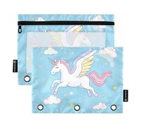 Fustylead Cute Unicorn with Wings Flying Over Clouds Binder Pencil Pouch for 3 Ring, Pencil Pouches Bags with Zipper Clear Window for School Office Cosmetic Students Supplies, 2 Pack