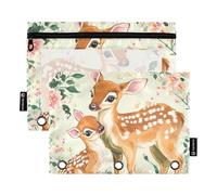 Fustylead Cute Vintage Fawn on Floral Background Binder Pencil Pouch for 3 Ring, Pencil Pouches Bags with Zipper Clear Window for School Office Cosmetic Students Supplies, 2 Pack
