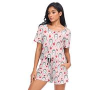 Fustylead Cute Watercolor Hedgehogs Womens Pajamas Set Short Sleeve Tops and Shorts PJs with Pockets Pink