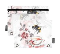 Fustylead Fashion Bumble Bee Tea Cup and Rose Pencil Bags for 3 Ring Binders, Zipper Pocket Pouch with Clear Window Pencil Case Bags for Home Office School Children Suppliers 2 Pack