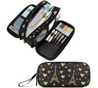 Fustylead Gold Eiffel Tower and Heart Stars on Black Background Pencil Pen Case Stationery Bag 3 Compartments School College Office Organizer Cosmetics Bag