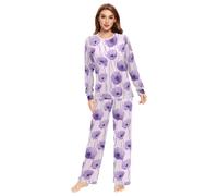 Fustylead Graceful Purple Poppy Matching Couple Pajama Set 2 PCS Long Sleeve Lounge Jammies for Families Men Women