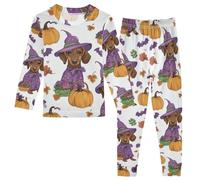 Fustylead Halloween Dachshund Wearing Witch Costume and Pumpkin Cotton Pajama Set, Long Sleeve Top and Matching Bottom Multi