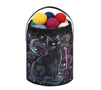 Fustylead Halloween Mystic Black Long-haired Cat and Stars Crochet Drawstring Organizer, Large Yarn Bag Storage Tote Basket for Crocheting On The Go, Kit Holder, Gift for Knitter, Crochet Beginner