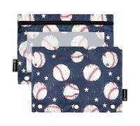 Fustylead Hand Draw Baseballs and Stars Big Capacity Pencil Bag Fits 3 Ring Binders, Waterproof Pencil Case with Clear Window for School Cosmetic Office Students Supplies 2 Pack