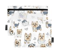 Fustylead Hand Draw Biewer Yorkshire Terrier with Hearts Decor 2 Pack Pencil Pouches for 3 Ring Binder, Big Capacity Binder Pencil Bag with Clear Window for School Office Cosmetic Children Supplies