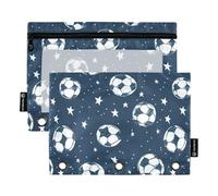Fustylead Hand Draw Blue Soccer and Stars Big Capacity Pencil Bag Fits 3 Ring Binders, Waterproof Pencil Case with Clear Window for School Cosmetic Office Students Supplies 2 Pack