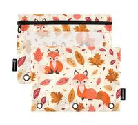Fustylead Hand Draw Cute Fox and Fall Leaves 2 Pack Pencil Pouches for 3 Ring Binder, Big Capacity Binder Pencil Bag with Clear Window for Office Cosmetic Supplies