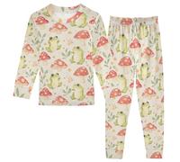 Fustylead Hand Draw Cute Frog and Mushroom Leaves Cotton Pajamas Long Sleeve Sleepwear Lounge Set Multi