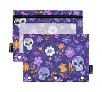 Fustylead Hand Draw Day of The Dead Skulls and Purple Floral Binder Pencil Pouch for 3 Ring, Pencil Pouches Bags with Zipper Clear Window for Office Cosmetic Supplies, 2 Pack
