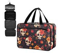 Fustylead Hand Draw Day of The Dead Skulls with Red Floral Large Medicine Bag Travel Pill Bottle Organizer with Zipper, Empty First Aid Bag for Camping Hiking Outdoors