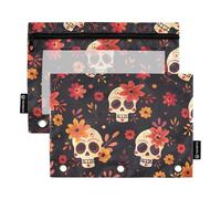 Fustylead Hand Draw Day of The Dead Skulls with Red Floral Pencil Bags for 3 Ring Binders, Zipper Pocket Pouch with Clear Window Pencil Case Bags for Home Office 2 Pack